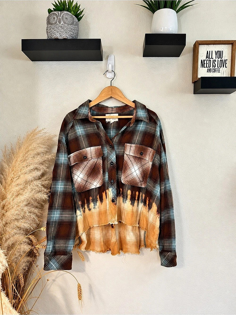 Oli & Hali Plaid Bleach Dip Raw Hem Oversized Shacket Boho M